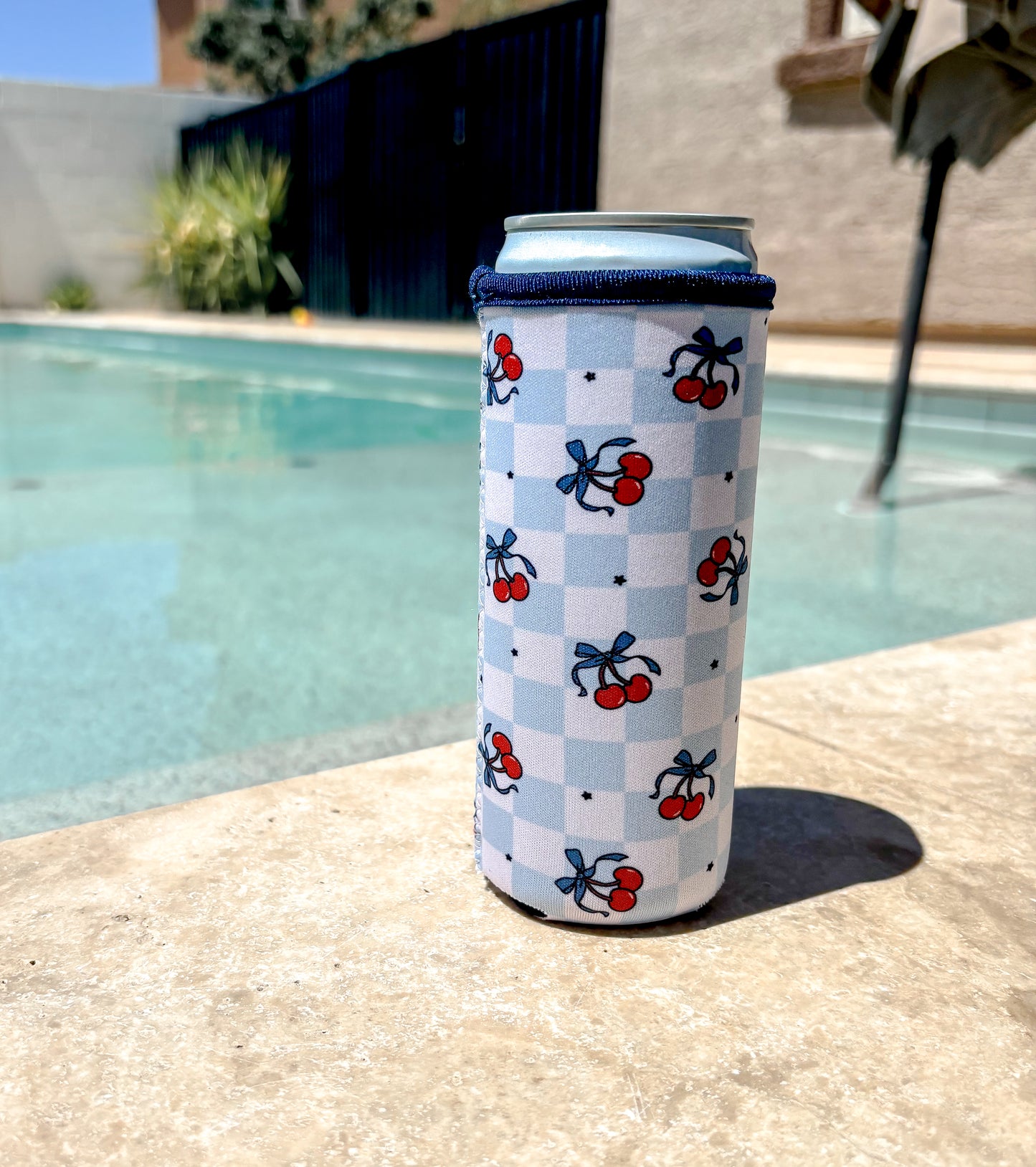 Checkered Cherry Skinny Can Koozie