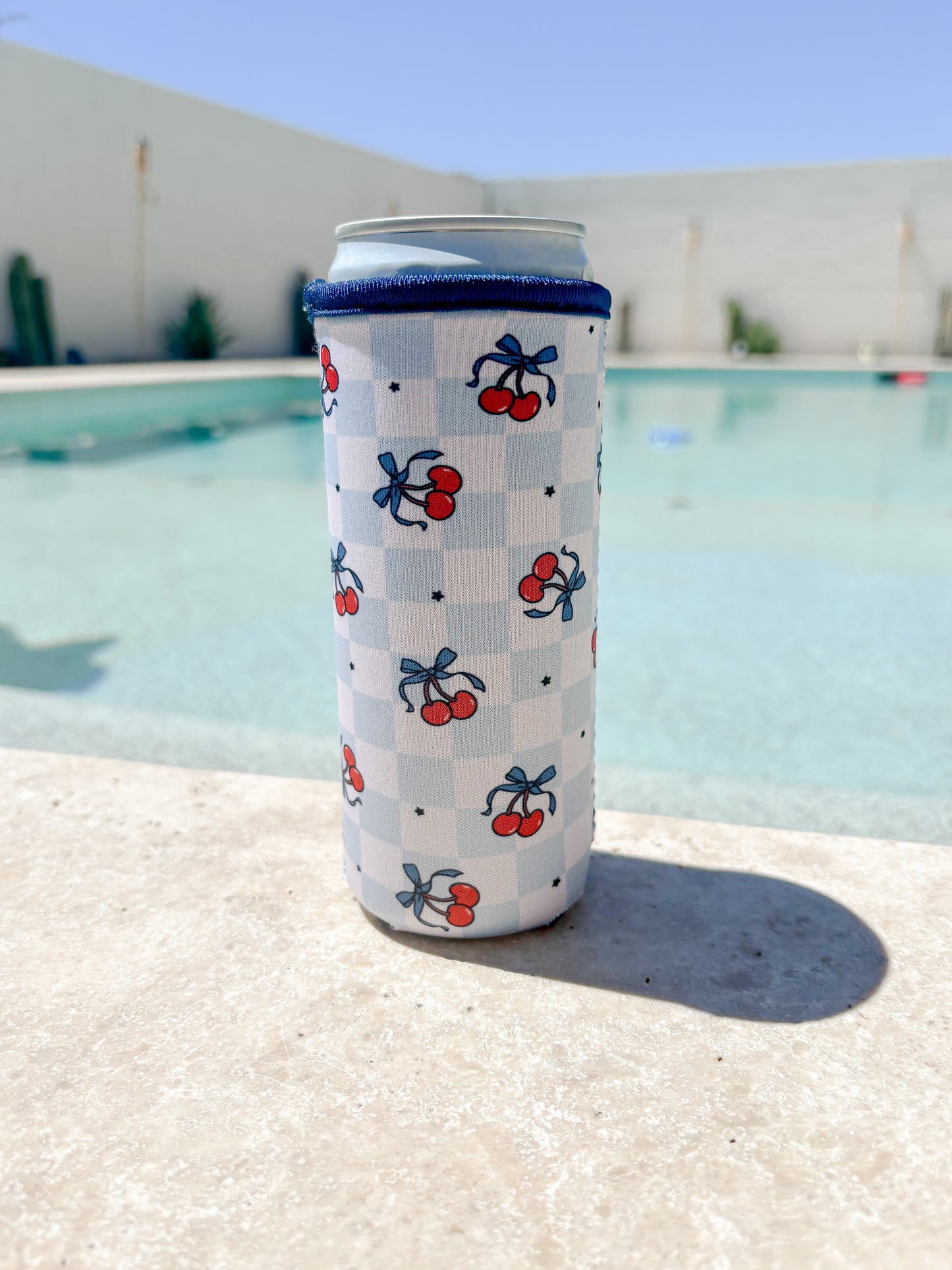 Checkered Cherry Skinny Can Koozie